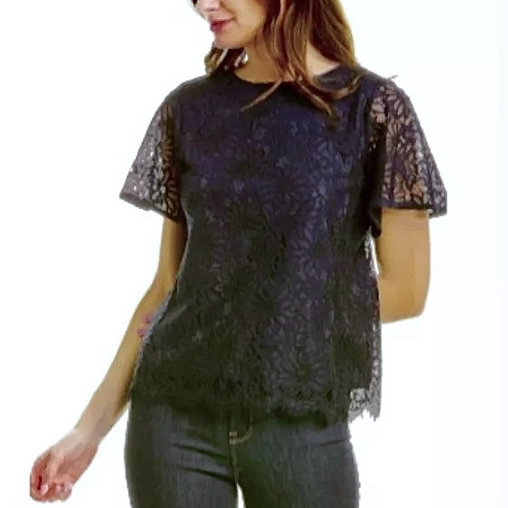 NWT NANETTE LEPORE LADIES SCALLOPED LACE BLOUSE, LINED, DARK NAVY, LARGE $99‌‌
